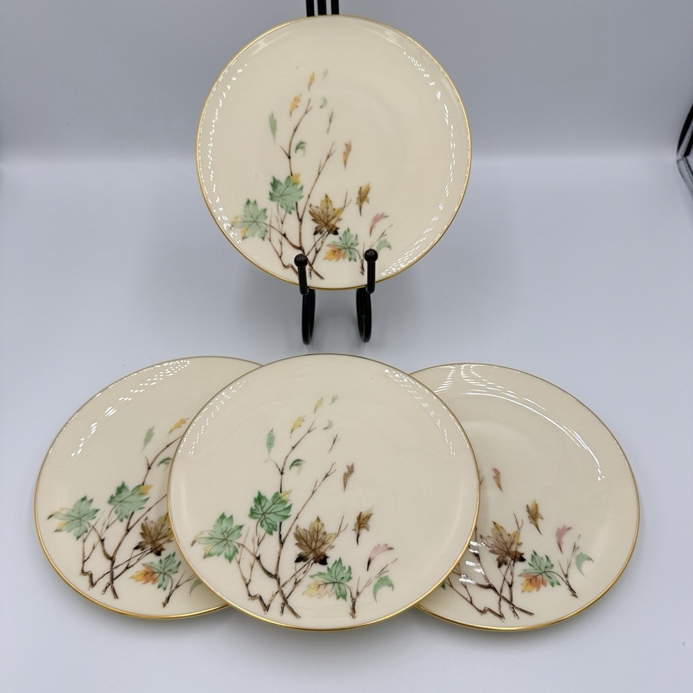VTG Lenox Westwind X-407 Bread Butter Plates Set 4 Gold Trim Autumn Leaves 6.25"